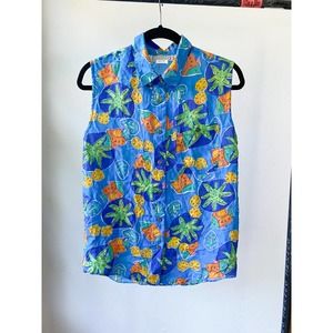 ARIZONA Women's Vintage Ocean Print Silk Button Up Sleeveless Blouse sz L 14/16